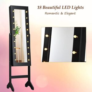 Giantex Standing Jewelry Armoire with 18 LED Lights Around the Door, Large Storage Mirrored Jewelry Cabinet with Full Length Mirror, 16 Lipstick Holders, 1 Inside Makeup Mirror (Black)