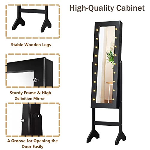 Giantex Standing Jewelry Armoire with 18 LED Lights Around the Door, Large Storage Mirrored Jewelry Cabinet with Full Length Mirror, 16 Lipstick Holders, 1 Inside Makeup Mirror (Black)