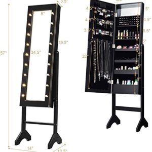 Giantex Standing Jewelry Armoire with 18 LED Lights Around the Door, Large Storage Mirrored Jewelry Cabinet with Full Length Mirror, 16 Lipstick Holders, 1 Inside Makeup Mirror (Black)