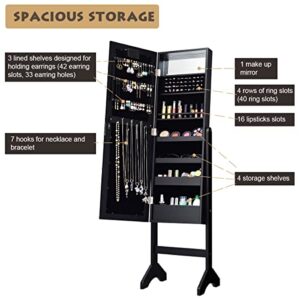 Giantex Standing Jewelry Armoire with 18 LED Lights Around the Door, Large Storage Mirrored Jewelry Cabinet with Full Length Mirror, 16 Lipstick Holders, 1 Inside Makeup Mirror (Black)