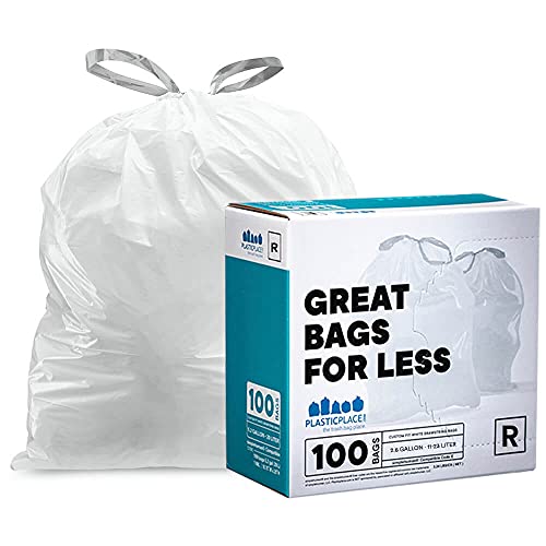 Plasticplace - TRA275WH Custom Fit Trash Bags │ simplehuman (x) Code R Compatible (100 Count) │ White Drawstring Garbage Liners 2.6 Gallon / 10 Liter │ 16.5" x 18" White