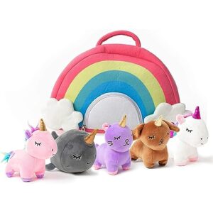 pixiecrush unicorn stuffed animals with plush rainbow bag for girls - set of rainbow corn, puppycorn, kitty corn, narwahl plush animal - 5 stress relief colorful toys with horn for kids