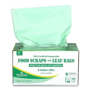 progreen 100% compostable bags 8 gallon (30l), extra thick 0.85 mil, 30 count, small kitchen trash bags, food scraps yard waste bags, astm d6400 bpi and tuv austria certified.