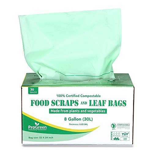 ProGreen 100% Compostable Bags 8 Gallon (30L), Extra Thick 0.85 Mil, 30 Count, Small Kitchen Trash Bags, Food Scraps Yard Waste Bags, ASTM D6400 BPI and TUV Austria Certified.