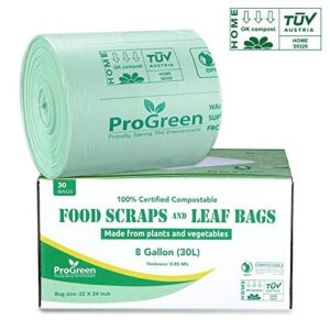 ProGreen 100% Compostable Bags 8 Gallon (30L), Extra Thick 0.85 Mil, 30 Count, Small Kitchen Trash Bags, Food Scraps Yard Waste Bags, ASTM D6400 BPI and TUV Austria Certified.