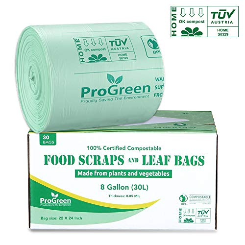 ProGreen 100% Compostable Bags 8 Gallon (30L), Extra Thick 0.85 Mil, 30 Count, Small Kitchen Trash Bags, Food Scraps Yard Waste Bags, ASTM D6400 BPI and TUV Austria Certified.