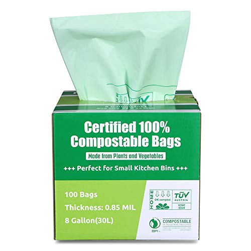 Primode 100% Compostable Bags, 8 Gallon (30L) Food Scraps Yard Waste Bags, 100 Count, Extra Thick 0.85 Mil. ASTM D6400 Compost Bags Small Kitchen Trash Bags, Certified by BPI & TUV