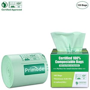 Primode 100% Compostable Bags, 8 Gallon (30L) Food Scraps Yard Waste Bags, 100 Count, Extra Thick 0.85 Mil. ASTM D6400 Compost Bags Small Kitchen Trash Bags, Certified by BPI & TUV