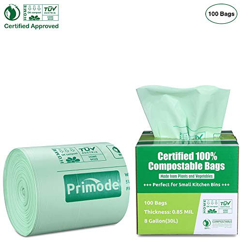 Primode 100% Compostable Bags, 8 Gallon (30L) Food Scraps Yard Waste Bags, 100 Count, Extra Thick 0.85 Mil. ASTM D6400 Compost Bags Small Kitchen Trash Bags, Certified by BPI & TUV