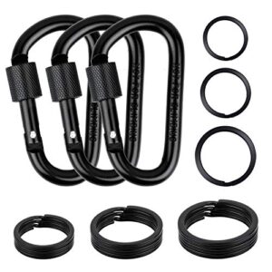 carabiner keychain clip hook, cridoz 3pcs locking carabiner d ring clips with 9pccs black flat key ring for water bottles, dog tags and car keys (assorted sizes)