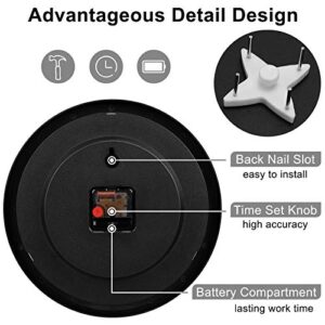 Yoobure 12" Silent Quartz Decorative Wall Clock Non-Ticking Digital Plastic Battery Operated Round Easy to Read Home/Office/School Black Clock