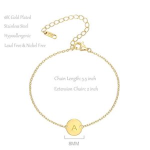 Glimmerst Personalized Initial Bracelet, 18K Gold Plated Stainless Steel Letter A Bracelet Dainty Coin Charm Bracelet Delicate Disc Name Bracelet for Women Girls