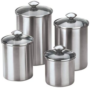 nu steel canister set collection 4 piece s/steel food storage container with tempered glass lids for kitchen counter, coffee, tea, etc, small, shiny mirror