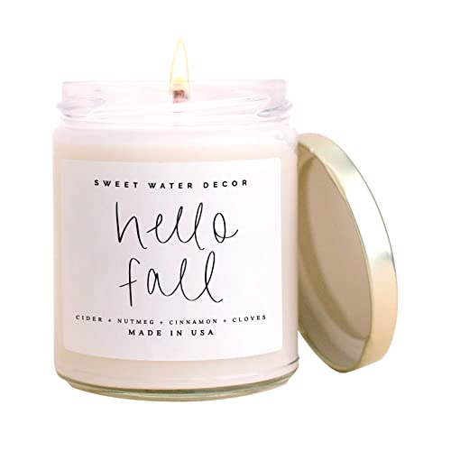 Sweet Water Decor Hello Fall Candle | Cinnamon, Apples, and Clove Autumn Scented Soy Candles for Home | 9oz Clear Jar, 40 Hour Burn Time, Made in the USA