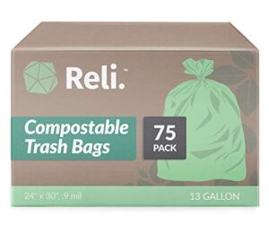 reli. compostable 13 gallon trash bags | 75 count | astm d6400 | green | eco-friendly | for compost
