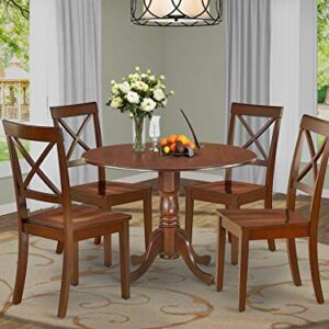 East West Furniture DLBO5-MAH-W 5-Piece Dining Table Set - 4 Dining Room Chairs with Wooden Seat - A Lovely Kitchen Table with Two 9-inch Drop leaves (Mahogany Finish)