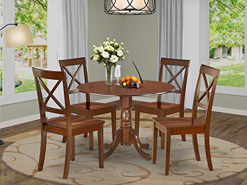 East West Furniture DLBO5-MAH-W 5-Piece Dining Table Set - 4 Dining Room Chairs with Wooden Seat - A Lovely Kitchen Table with Two 9-inch Drop leaves (Mahogany Finish)