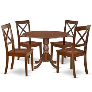 East West Furniture DLBO5-MAH-W 5-Piece Dining Table Set - 4 Dining Room Chairs with Wooden Seat - A Lovely Kitchen Table with Two 9-inch Drop leaves (Mahogany Finish)