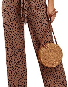 SySea Womens High Waist Leopard Pants Wide Leg Long Belted Palazzo Trousers with Pockets