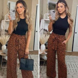 SySea Womens High Waist Leopard Pants Wide Leg Long Belted Palazzo Trousers with Pockets