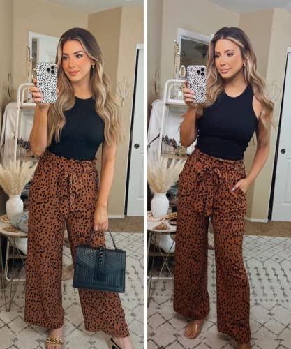 SySea Womens High Waist Leopard Pants Wide Leg Long Belted Palazzo Trousers with Pockets