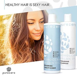 Purezero Moroccan Argan Oil Shampoo & Conditioner set - Repair Damaged Hair - Restore Strength, Shine & Softness - Zero Sulfates, Parabens, Dyes, Gluten - 100% Vegan & Cruelty Free - Great For Color Treated Hair