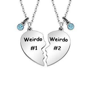 maxforever friendship gift, weirdo 1 weirdo 2 split heart stainless steel pendant necklaces bff gift for best friend (blue crystal)