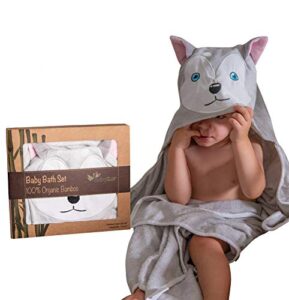 babyzor extra soft baby hooded bath towel & washcloth shower gift set, organic hypoallergenic bamboo large fibers 48x30 | for newborn, infant, toddler & kids (grey)