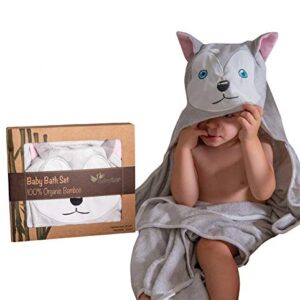 BabyZor Extra Soft Baby Hooded Bath Towel & Washcloth Shower Gift Set, Organic Hypoallergenic Bamboo Large Fibers 48x30 | for Newborn, Infant, Toddler & Kids (Grey)