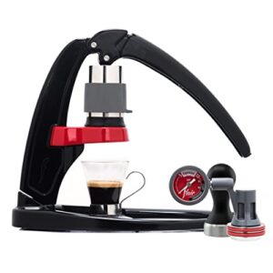 flair espresso maker - classic with pressure kit: all manual lever espresso machine for the home with stainless steel tamper, pressure gauge and portable carrying case, black and red