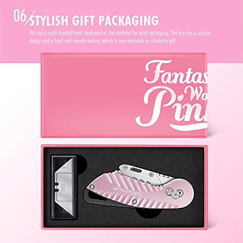 FantastiCAR Folding Utility Knife, Box Cutter Plume Type Metal Body, with Safety Lock and 5-Piece Extra Blades (Pink)