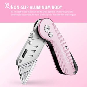 FantastiCAR Folding Utility Knife, Box Cutter Plume Type Metal Body, with Safety Lock and 5-Piece Extra Blades (Pink)