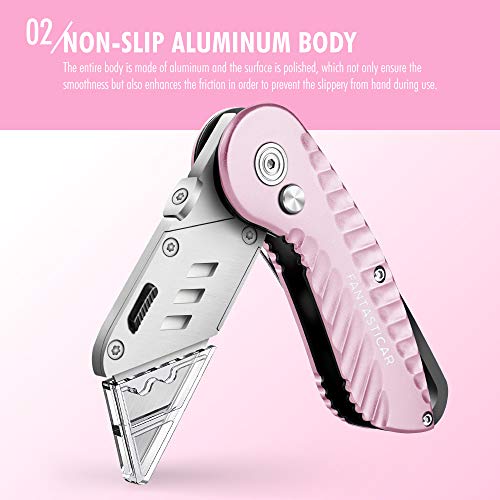 FantastiCAR Folding Utility Knife, Box Cutter Plume Type Metal Body, with Safety Lock and 5-Piece Extra Blades (Pink)