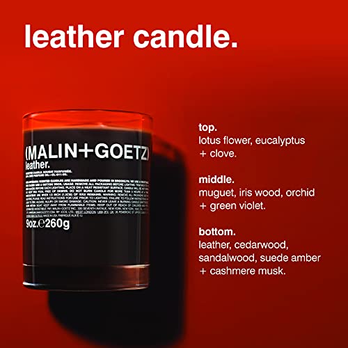 Malin + Goetz Leather Candle – Artisanal Leather Goods Aroma Fragrance, Natural Wax Blend, Modern & Traditional Scent, Vegan & Cruelty Free, Cotton Wick, Lasts 60 Hours