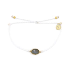 pura vida gold oval labradorite bracelet - plated charm, adjustable band - 100% waterproof - white