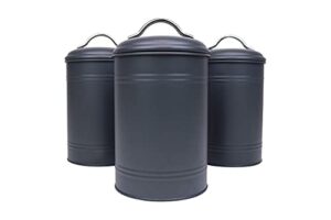 kitchen canisters, set of 3 for countertop storage of coffee, food, charcoal grey metal, all one-size, airtight lids, modern farmhouse industrial (8 inches high with lids, 4.5 inches diameter)