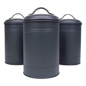 Kitchen Canisters, Set of 3 for Countertop Storage of Coffee, Food, Charcoal Grey Metal, All One-Size, Airtight Lids, Modern Farmhouse Industrial (8 Inches High with Lids, 4.5 Inches Diameter)