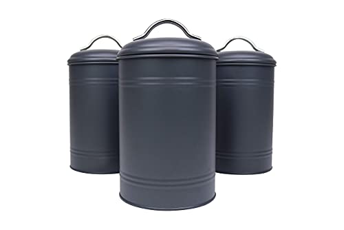 Kitchen Canisters, Set of 3 for Countertop Storage of Coffee, Food, Charcoal Grey Metal, All One-Size, Airtight Lids, Modern Farmhouse Industrial (8 Inches High with Lids, 4.5 Inches Diameter)