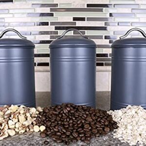 Kitchen Canisters, Set of 3 for Countertop Storage of Coffee, Food, Charcoal Grey Metal, All One-Size, Airtight Lids, Modern Farmhouse Industrial (8 Inches High with Lids, 4.5 Inches Diameter)