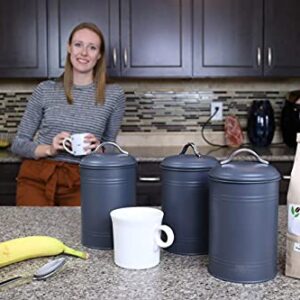 Kitchen Canisters, Set of 3 for Countertop Storage of Coffee, Food, Charcoal Grey Metal, All One-Size, Airtight Lids, Modern Farmhouse Industrial (8 Inches High with Lids, 4.5 Inches Diameter)