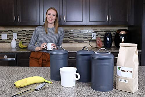 Kitchen Canisters, Set of 3 for Countertop Storage of Coffee, Food, Charcoal Grey Metal, All One-Size, Airtight Lids, Modern Farmhouse Industrial (8 Inches High with Lids, 4.5 Inches Diameter)