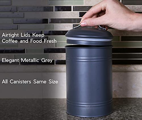 Kitchen Canisters, Set of 3 for Countertop Storage of Coffee, Food, Charcoal Grey Metal, All One-Size, Airtight Lids, Modern Farmhouse Industrial (8 Inches High with Lids, 4.5 Inches Diameter)