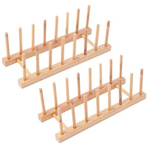 wevapers 2pack bamboo wooden dish rack, plate rack stand pot lid holder, kitchen cabinet organizer for cup, cutting board, bowl, drying rack and more