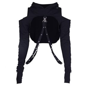 women gothic punk hoodies bandage crop tops long sleeve off shoulder pullover sweatshirt for rave festivals streetwear