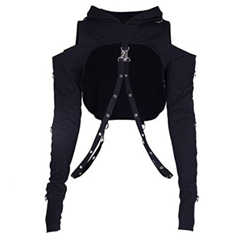 Women Gothic Punk Hoodies Bandage Crop Tops Long Sleeve Off Shoulder Pullover Sweatshirt for Rave Festivals Streetwear