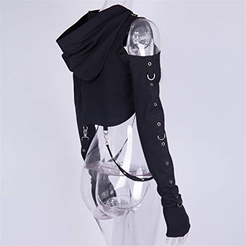 Women Gothic Punk Hoodies Bandage Crop Tops Long Sleeve Off Shoulder Pullover Sweatshirt for Rave Festivals Streetwear