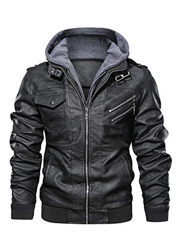 HOOD CREW Men’s Casual Stand Collar PU Faux Leather Zip-Up Motorcycle Bomber Jacket With a Removable Hood