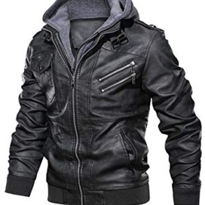 HOOD CREW Men’s Casual Stand Collar PU Faux Leather Zip-Up Motorcycle Bomber Jacket With a Removable Hood