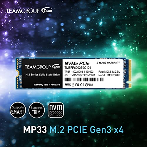TEAMGROUP MP33 256GB SLC Cache 3D NAND TLC NVMe 1.3 PCIe Gen3x4 M.2 2280 Internal Solid State Drive SSD (Read/Write Speed up to 1,600/1,000 MB/s) Compatible with Laptop & PC Desktop TM8FP6256G0C101