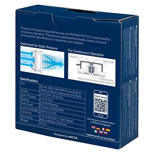 ARCTIC P8 PWM PST CO - 80 mm Case Fan, PWM Sharing Technology (PST), Pressure-optimised, Dual Ball Bearing for Continuous Operation, Computer, 200-3000 RPM